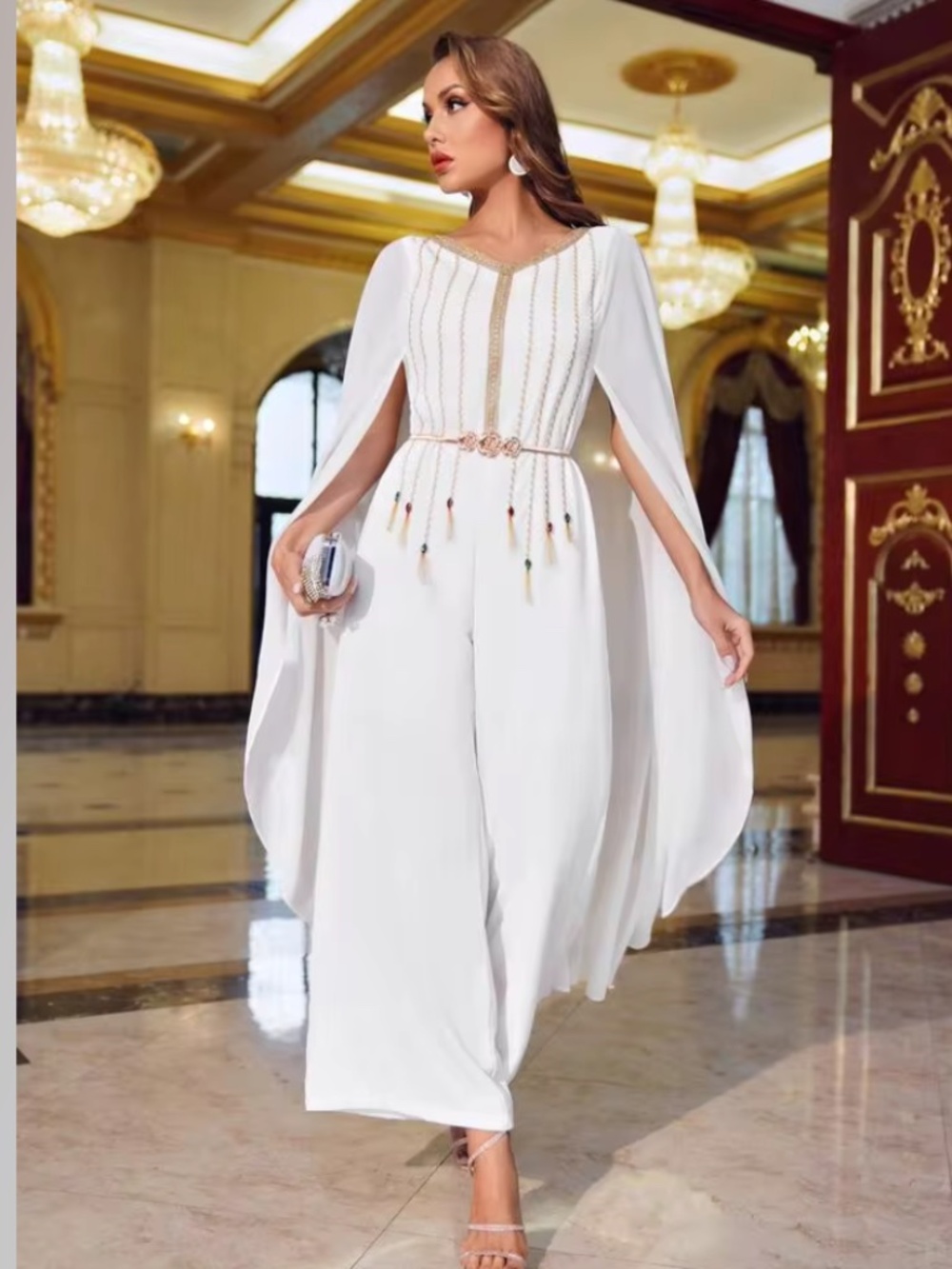 NWT Size Small SHEIN X Dr.kholoud Rhinestone Fringe Trim Belted Cape Jumpsuit